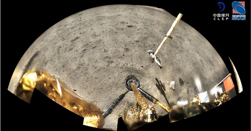 Panoramic image taken after sampling of the lunar surface by Chang'e-5. The four dark trenches in the lower right corner of this image are where samples were collected. Abundant centimetre-sized boulders exist on the surface around the Chang'e-5 landing site. Credit: CNSA (China National Space Administration) / CLEP (China Lunar Exploration Program) / GRAS (Ground Research Application System).